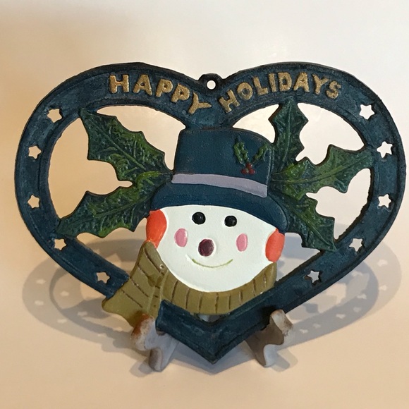 Vintage Heart Shaped Cast Iron Trivet/Hot Plate~Happy Holidays~Snowman - Picture 1 of 2